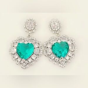 Elegant Heart Drop Earrings with Green Crystal Center